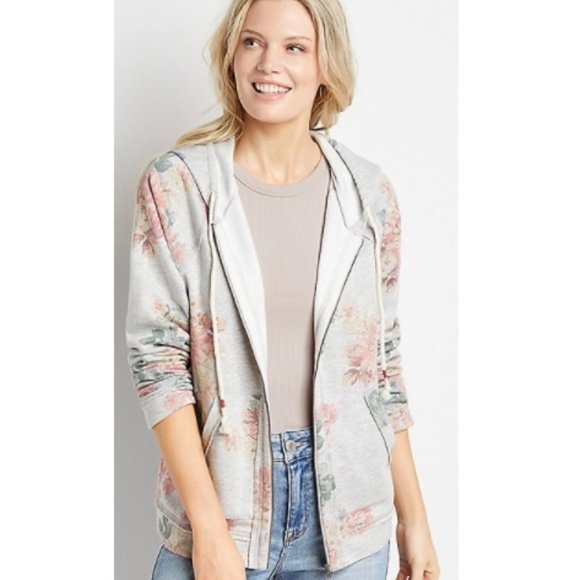 Maurices Tops - Maurices Gray Floral Flower Zip Up Hoodie Sweatshirt Large